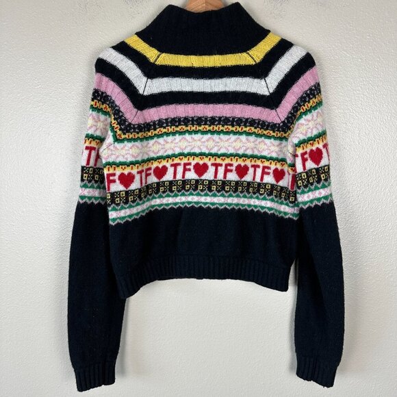 Teddy Fresh Women's Sweater Fair Isle Merino Wool Full Zip Black White Medium - Picture 4 of 6
